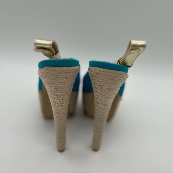 NYLA Perlia Blue Leather Peep-toe Wedges - size 9 - Picture 4 of 7